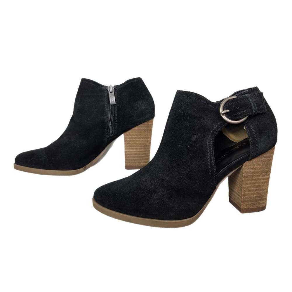 Franco Fortini Ellia Black Suede Cut Out Stacked Heel Ankle Booties Size 6